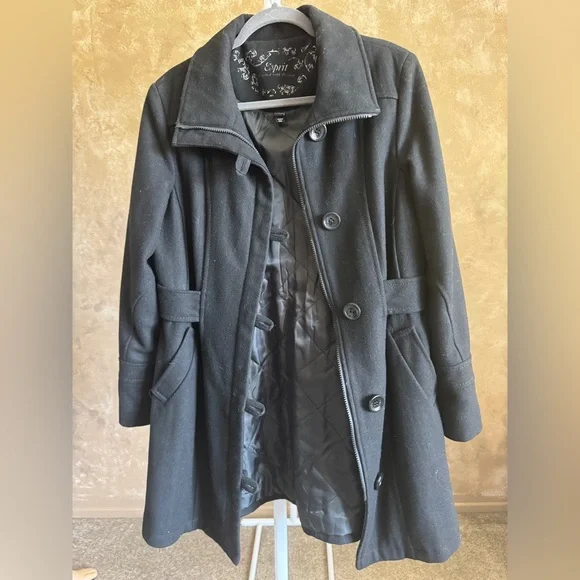 Y2K ESPRIT Wool Coat Black Peacoat for Women Vintage Black Jacket Sz L - Picture 10 of 11